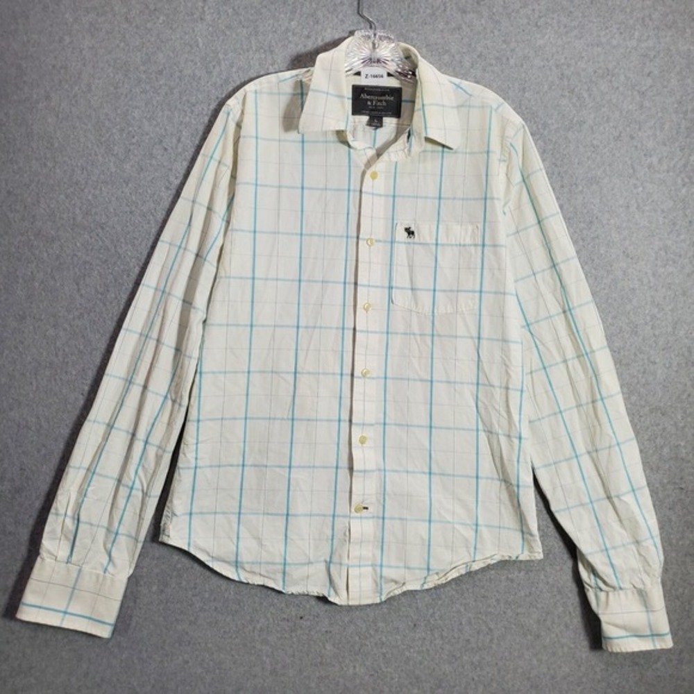 Abercrombie & Fitch Men Button Up Shirt Large White Plaid Pockets Long Sleeve